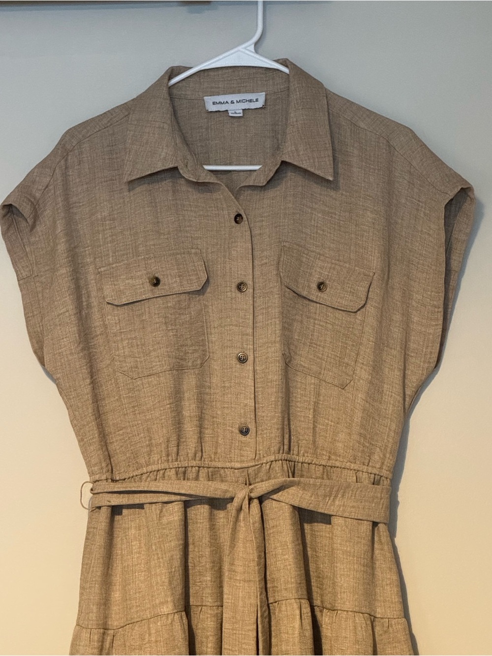 Emma & Michele Tan Utility Shirt Dress Tie Waist Tiered Midi Large - Picture 4 of 8